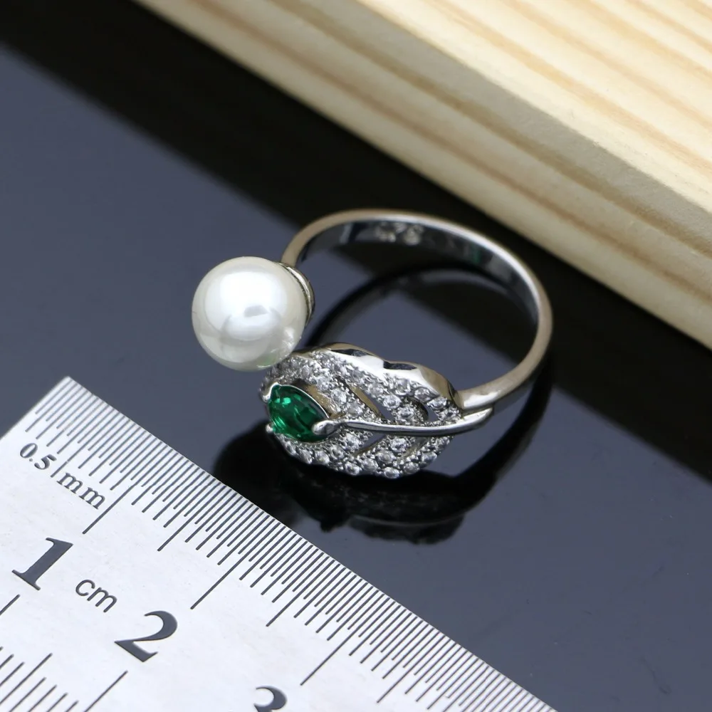 Silver 925 Bridal Pearls Jewelry Sets Natural Green Zircon Women Wedding Earrings Adjustable Ring Bracelets Necklace Set