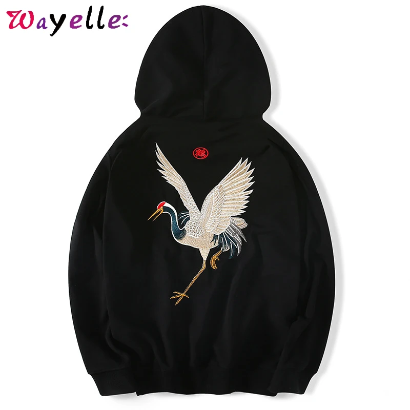 

Wayelle Embroidery Japanese Crane Hoodies Men/Women 2019 Hip Hop Casual Streetwear Hooded Sweatshirts Harajuku Male Hoodie 4XL