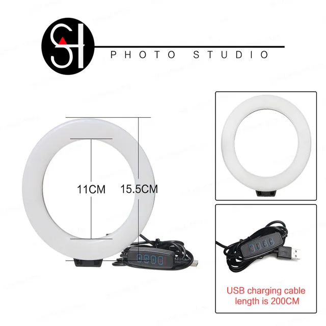 SH-Anillo de luz Led con trípode, lámpara regulable de 16cm y 6 pulgadas, con carga Usb, para selfis y estudio fotográfico 3