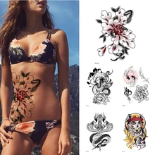 Tatuaje de manga de brazo de pecho para mujer, pegatinas de espalda Sexy, arte corporal, flor, serpiente, patrón de hojas, tatuajes sexys