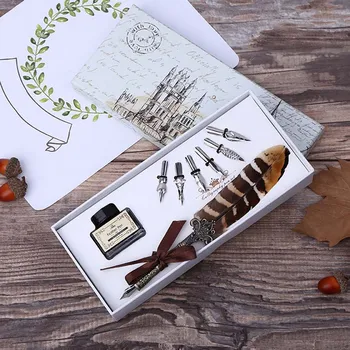 

English Calligraphy Feather Dip Pen Writing Ink Set Stationery Gift Box with 6 Nib Wedding Gift Quill Pen Fountain Pen
