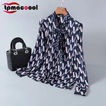 

Tpmaccool luxury designer 2020 Spring Temperament Women blouses Letter Print pure Silk Shirt Women's bowknot Fashion blouse tops