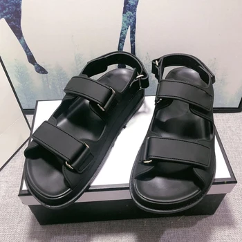 

Luxury Designer Genuine Leather Female Sandals 2020 Brand New Round Toe Platform Flats Woman Black Sandalias Outdoor Plus Size