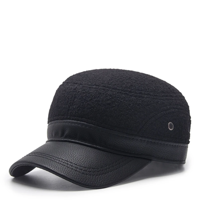 Пожилым людям Утепленная одежда с защитой от холода флисовая Бейсбол шляпа папа Наушники Плоские Кепки Для мужчин зимние сапоги из PU искусственной кожи, пик шерстяная, фетровая шляпа