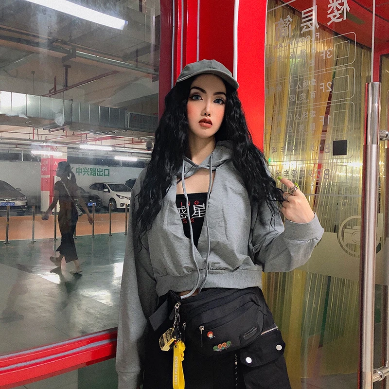 IAMHOTTY/женские толстовки в стиле Харадзюку с вырезами и завязками; модные однотонные пуловеры на шнуровке; Осенняя толстовка с капюшоном в стиле готический панк