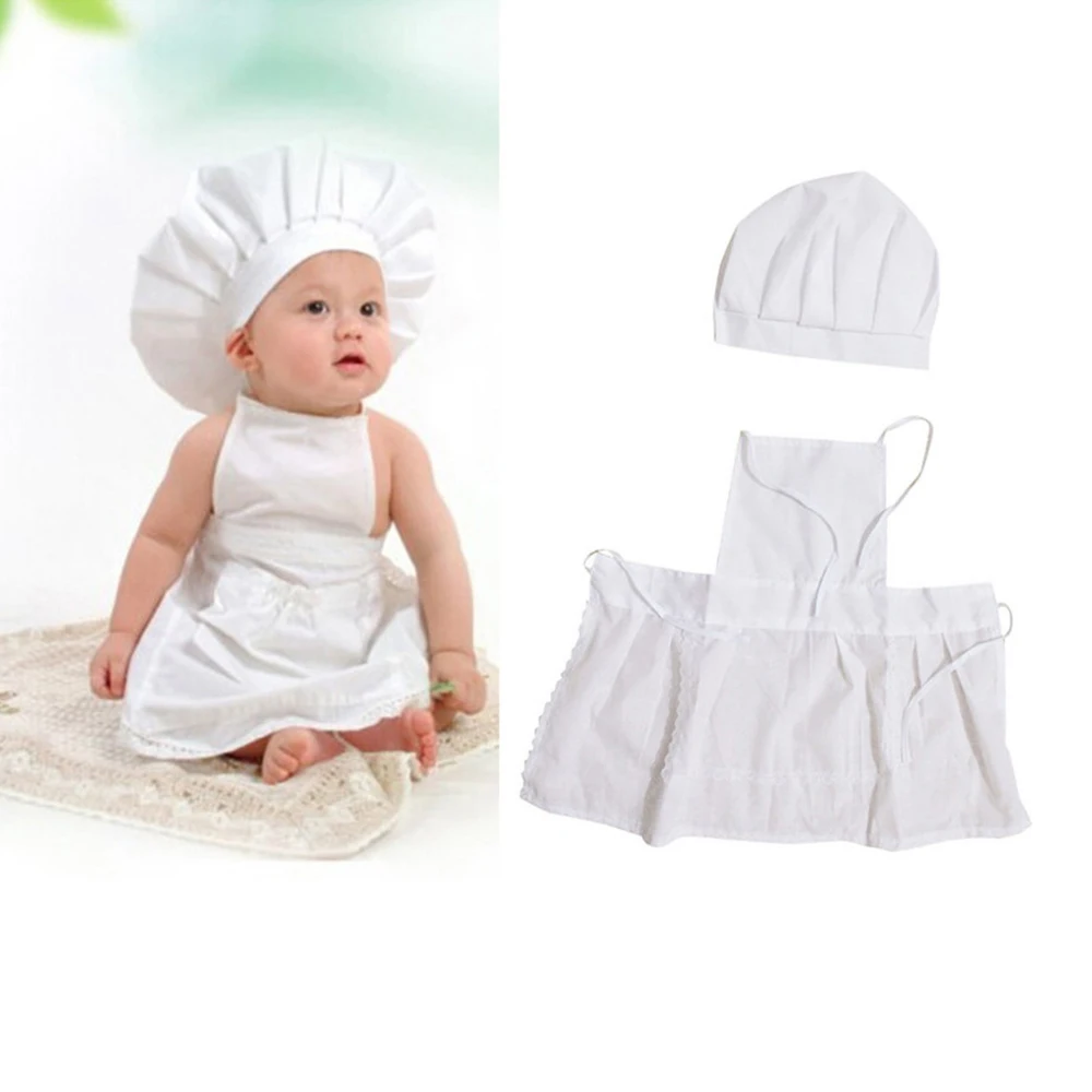 

Cute Baby Chef Apron&Hat For Kids Costumes Cotton Blended Chef Baby White Cook Costume Photos Photography Prop Newborn Hat Apron