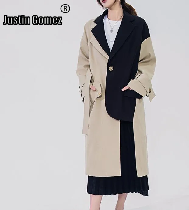 

Brand Famous Runway Design 2019 patchwork trench coat luxury Spring fall Mid-long Khaki Belted Cloak Mujer Windbreaker