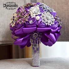 Kyunovia Высокое качество фиолетовая Шелковая Роза украшение для свадьбы Цветы Свадебный букет Ювелирное Украшение Броши Кристалл Свадебный букет невесты Аксессуары