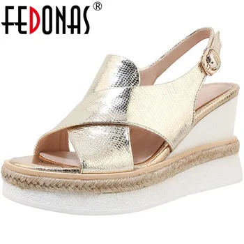 

FEDONAS Wedged Platforms High Heels Sandals For Women Metal Buckle Peep Toe Pumps 2020 Summer Single Casual Party Shoes Woman