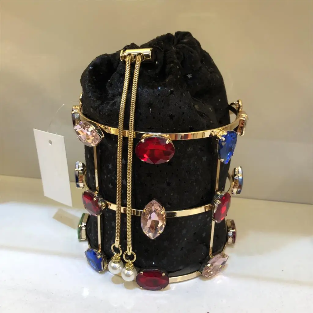 Colorful Diamond Bucket Bag Basket Evening Clutch Bags Women Hollow Out Beaded Alloy Metallic Cage Handbag Purse Ladies Dinner