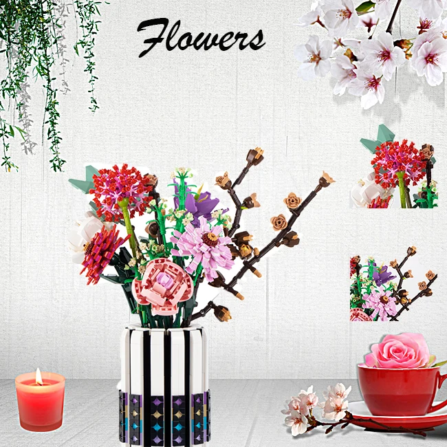 WM Block MOC Building Block Color Vase Plastic Rose Peach Blossom Accessorie Building Block Girl Toy Friend Home Decoration Gift