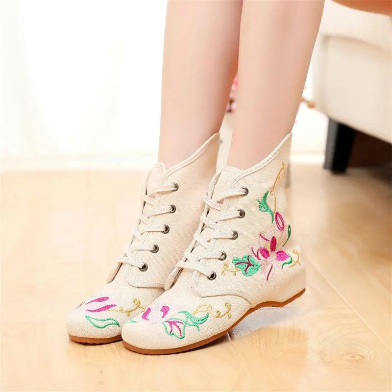 

Big Size EU41 Women Ankle Boots National Style Embroidery Height Increasing Spring Autumn Shoes Woman Canvas Botas Mujer SH09102