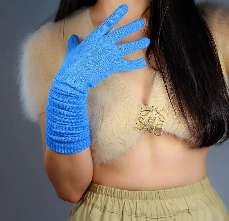 Женские шерстяные вязаные эластичные перчатки на осень и зиму, женские длинные теплые перчатки для танцев ярких цветов 55 см R2297