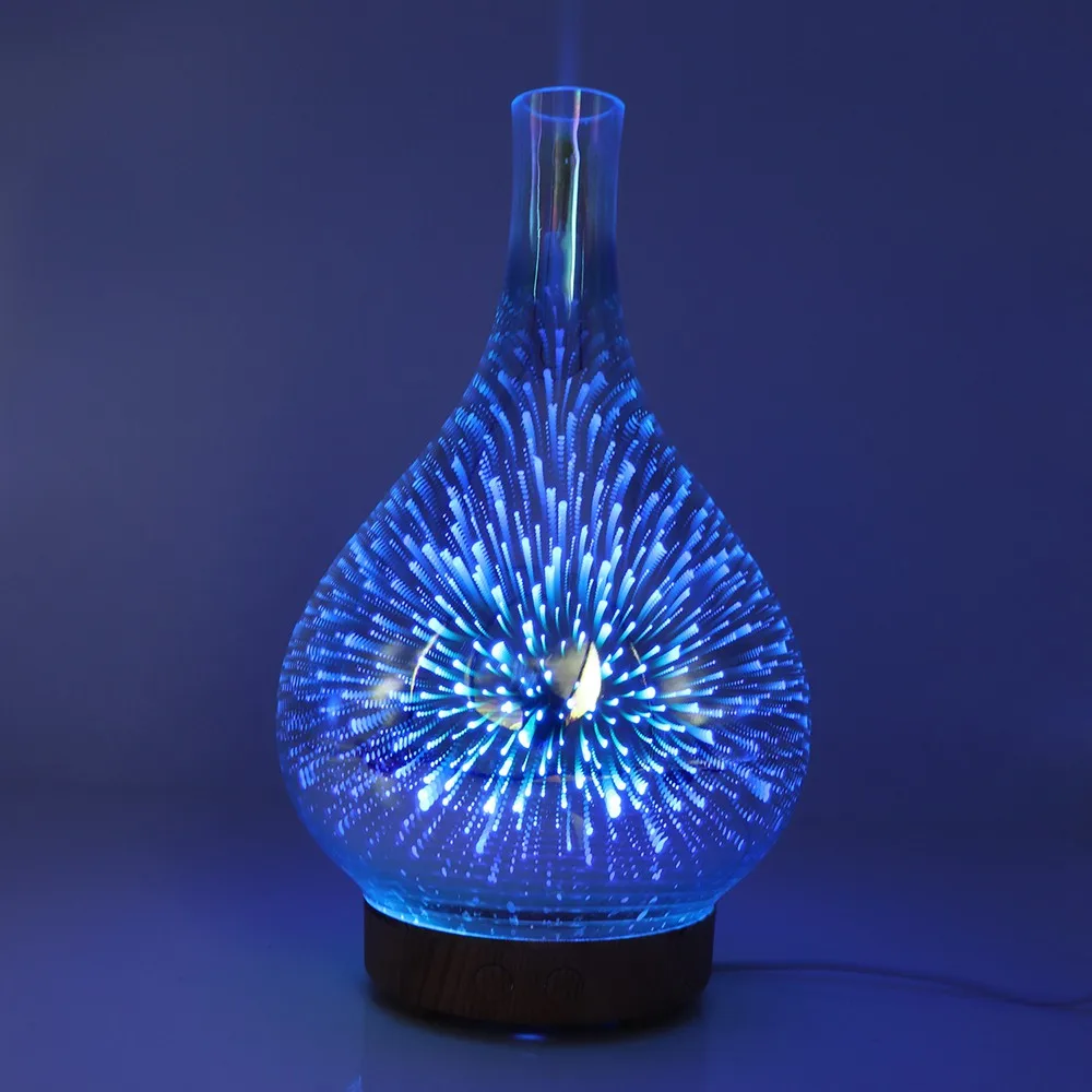 3D Fireworks Glass Vase Shape Air Humidifier with LED Night Light Aroma Essential Oil Diffuser Mist Maker Ultrasonic Humidifier