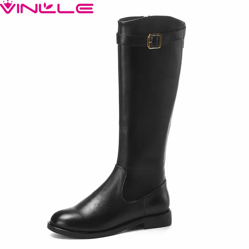 

VINLLE 2019 Women Shoes Ankle Boots Genuine Leather Zipper Square Low Heel Round Toe Concise Casual Western Style Size 34-43