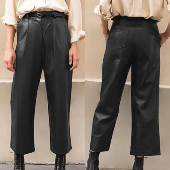 

Women's Wide Leg Trousers ZANZEA 2020 Fashion PU Leather Pants Casual Button Zip Long Pantalon Female Black Turnip Oversized