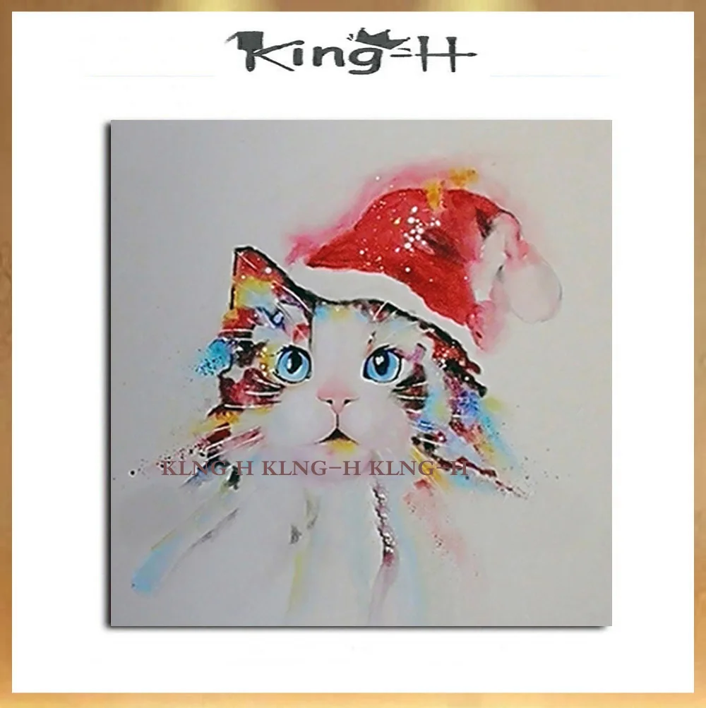 El gato lleva el sombrero de Navidad pintura al óleo en lienzo pared moderna decoración la habitación sin marco y con mejo | Дом и сад