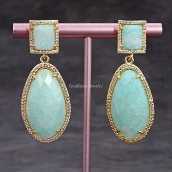 

GuaiGuai Jewelry Natural Faceted Amazonite Green Jade Druzy 18K Gold Plated CZ Dangle Stud Earrings