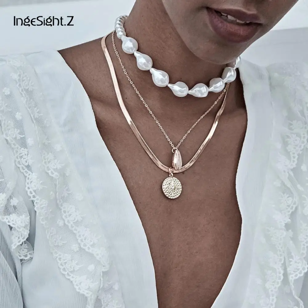 

IngeSight.Z Punk Multi Layered Simulated Pearl Choker Necklace Collar Women Statement Coin Alloy Shell Pendant Necklace Jewelry