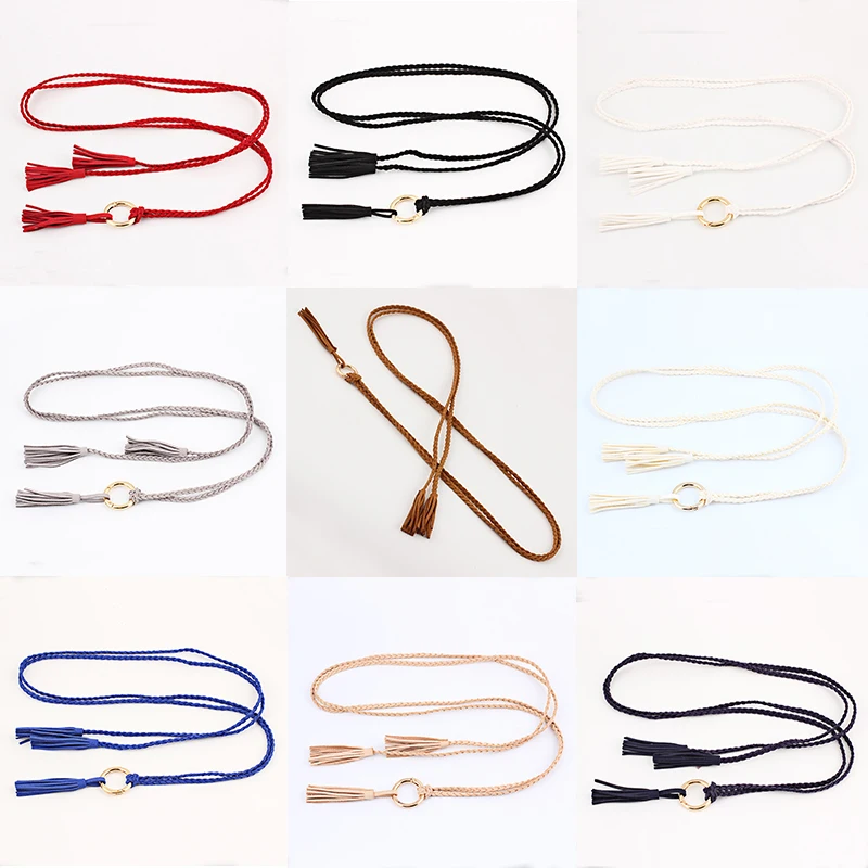 

Women Waistband Solid Color Braided Tassel Belt New Boho Girls Thin Waist Rope Knit Belts For Dress DIY Waistbands Accessories