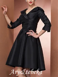 A-Line Mother of the Bride Dress Elegant V Neck Knee Length Taffeta 3/4 Length Sleeve with Pleats 2021