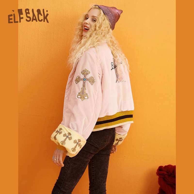 Greatest  ELFSACK Pink Solid Straight Print Warmness Coat Women 2019 Winter Flare Patchwork Sleeve Casual Off