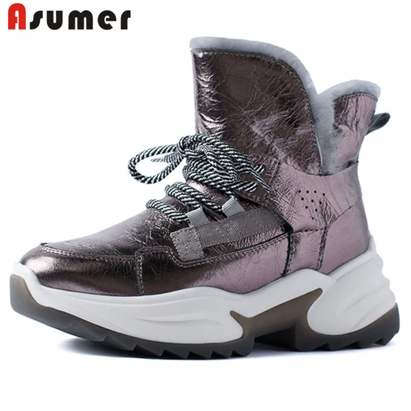 

ASUMER 2020 top quality genuine leather shoes women ankle boots fashion sneakers thick fur snow boots woman flat platform shoes
