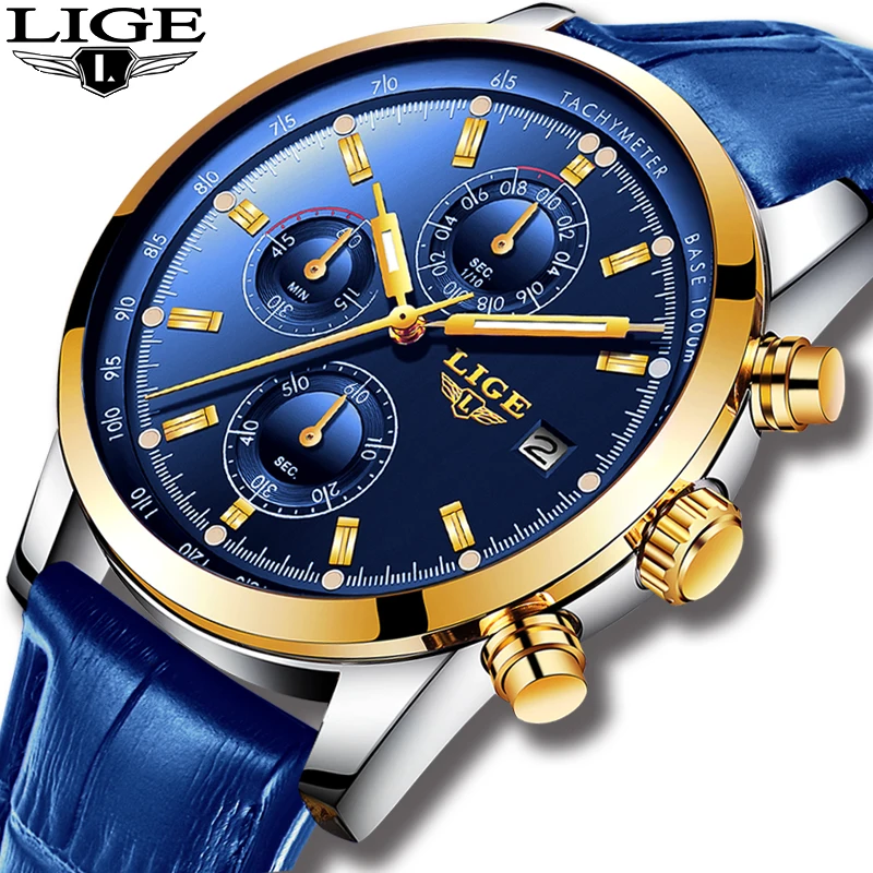 Relojes Hombre новинка 2019 LIGE повседневные кожа модные кварцевые золотые часы мужские