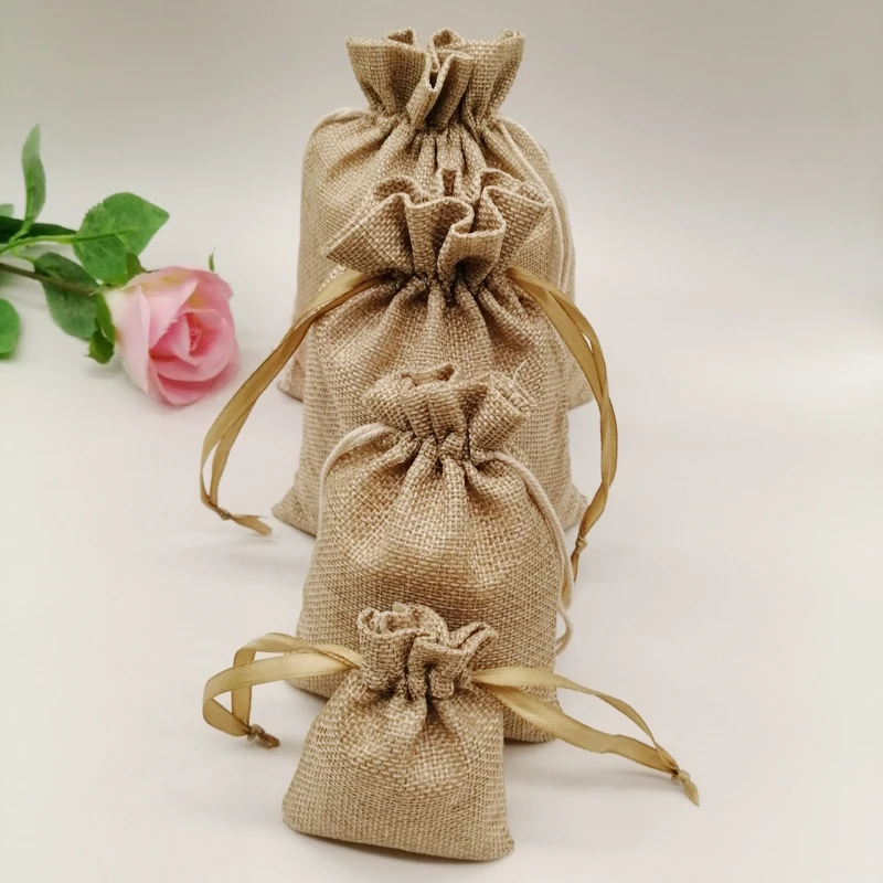 10-1000 teile/los Jute Leinen Taschen Kordelzug Geschenk Verpackung Taschen Für Weihnachten Hochzeit Party Favor Taschen Jute Geschenk Tasche leinensack – Detail 4