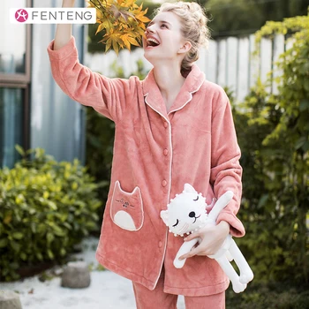 

FENTENG Spring Women Suit Long Sleeves Velvet Sleepwear Clothing Cardigan Pajama Comfortable J98041233