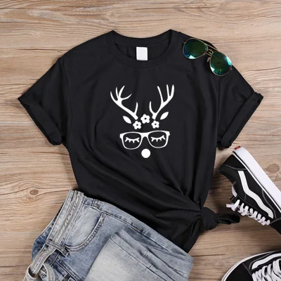 ONSEME Рождественская футболка с рисунком оленя летняя футболка с короткими рукавами и круглым вырезом Harajuku Современная Рождественская футболка с оленем Женская Q-840 - Цвет: Black
