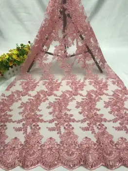 

fashions pink Milk Silk Lace African Net Lace Fabric With Sequins High Quality French Mesh Lace Fabric For Wedding Sewing FD1025