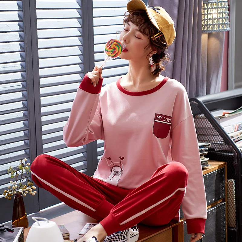 

Autumn New Cotton Printing Round Neck + Long Pant 2 Piece Sets Pajamas Set for Women Cute Sleepwear Girls Pyjama M L XL XXL