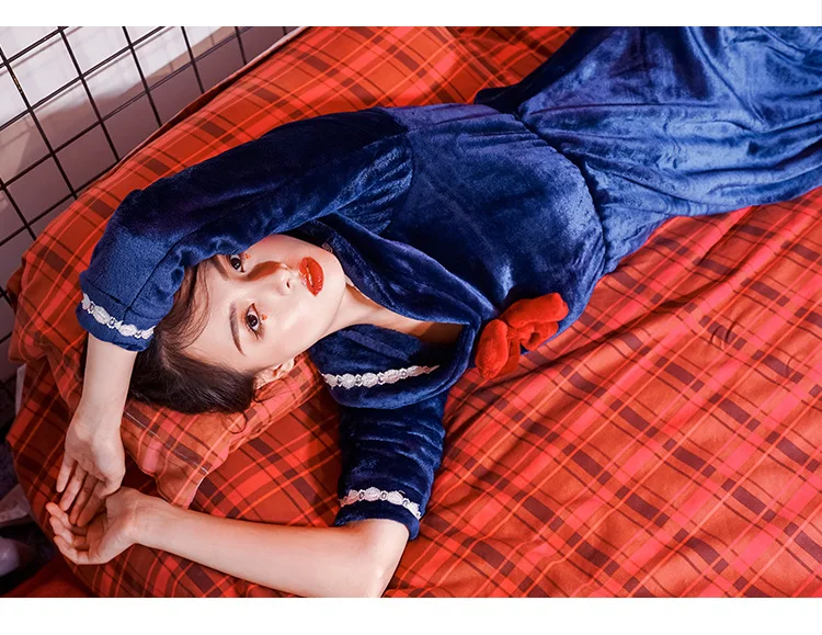 Корейская версия кораллового бархата Женская японская темно-синяя Милая фланелевая Толстая теплая ночная рубашка женская домашняя одежда