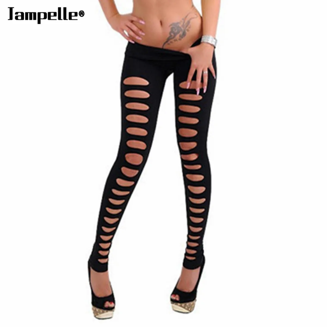 

New Women Fashion Hole Leggings Black Skinny Hollow Ripped Hole Cut Out Pencil Pants Slim Stretch Sexy Leggings