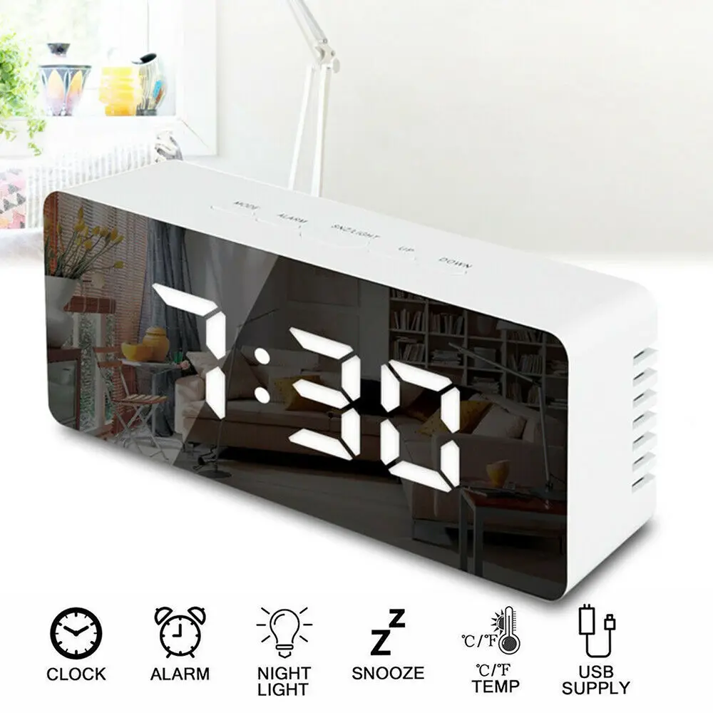 Digital Mirror LED Display Alarm Clock Temperature Calendar USB/AAA Powered Electronic Multifunction Snooze Desk | Дом и сад