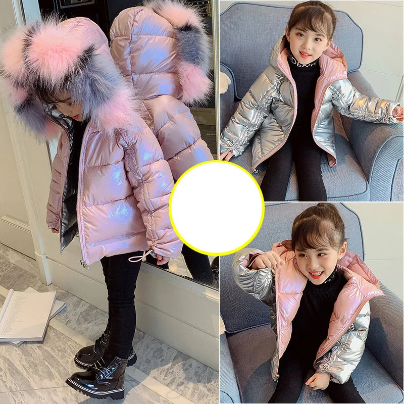 

Pink Fur Hooded Winter Coats Baby Big Girls Warm Padded Kids Outerwear Jackets Clothing Children Double Side Wears Thicken Coat