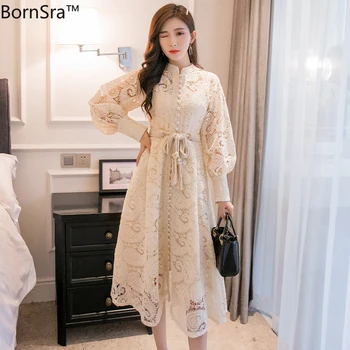

BornSra Midi Dress Women Elegant Vintage A-line Dress New Korean Party 2020 Spring Summer Woman Long Sleeve Hollow Out Belt