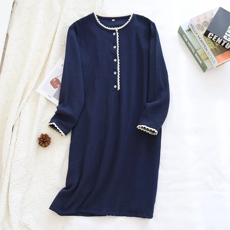 Summer Night Dress for Women Pure Cotton Crepe Sleep Skirt Long Sleeve Nightgown Famale Thin Loose Casual Comfortable Home Skirt