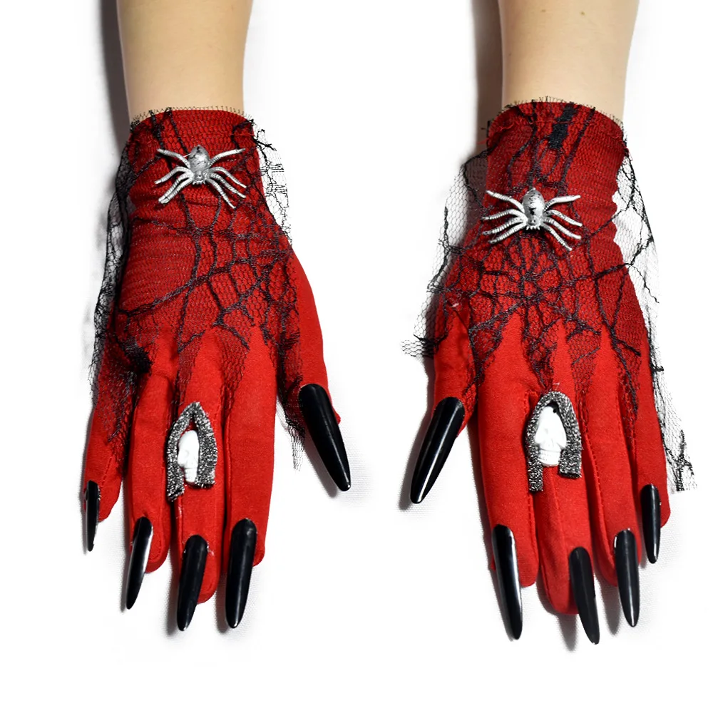 Red Gothic Women Halloween Glove 2021 Novelty Lady Spider Skull Accessory Lace Wrist Length Cool Hipster Satin Gloves Scare Prop