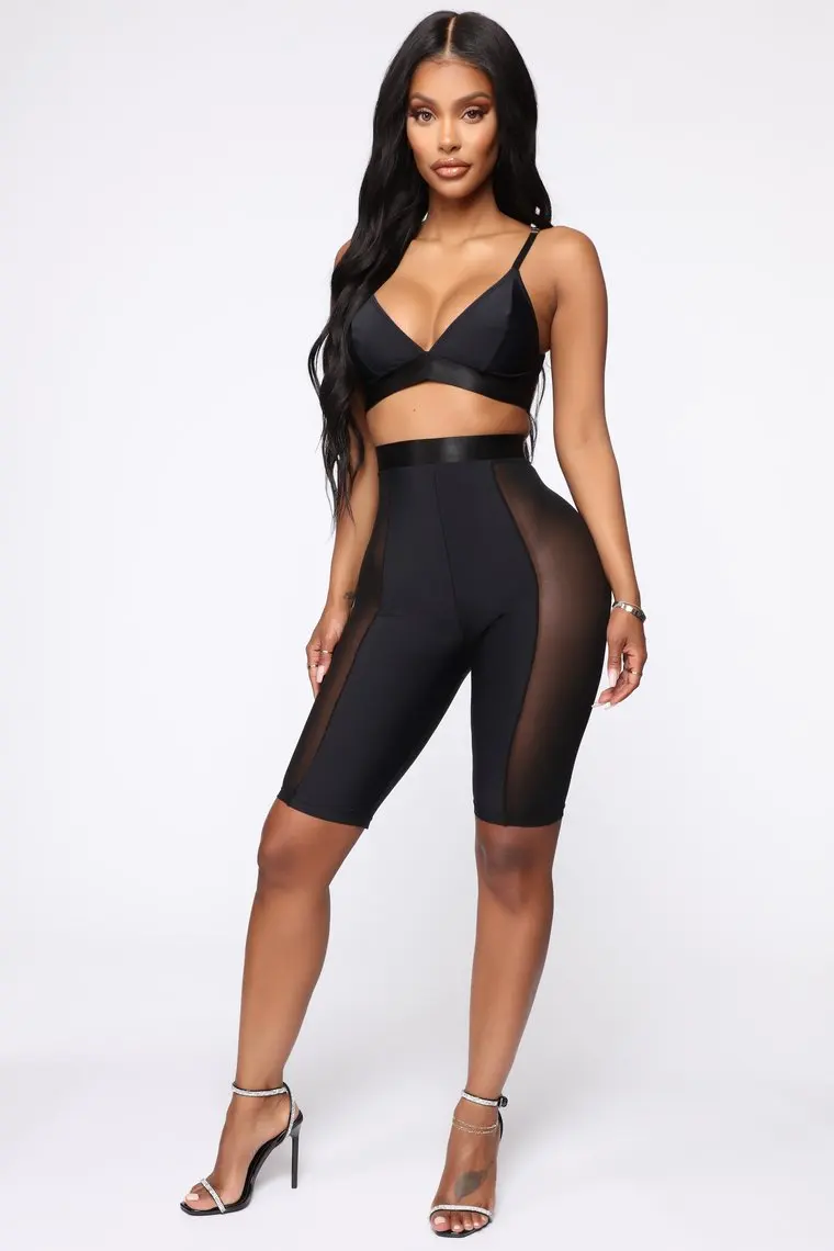 

Free Shipping Ladies Sexy V Neck Mesh Black Two Piece Bandage Set 2019 Celebrity Designer Fashion Women's Set
