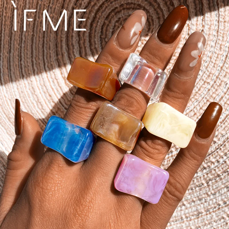 IF ME 6PCS/SET Simple Thick Colorful Transparant Acrylic Resin Pattern Geometric Irregular Rings for Women Vintage Jewelry ring set