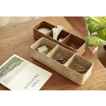

Natural Handmade Knitting Storage Basket 3-Grid Makeup Holder Desktop Storage Box Sundries Organzier