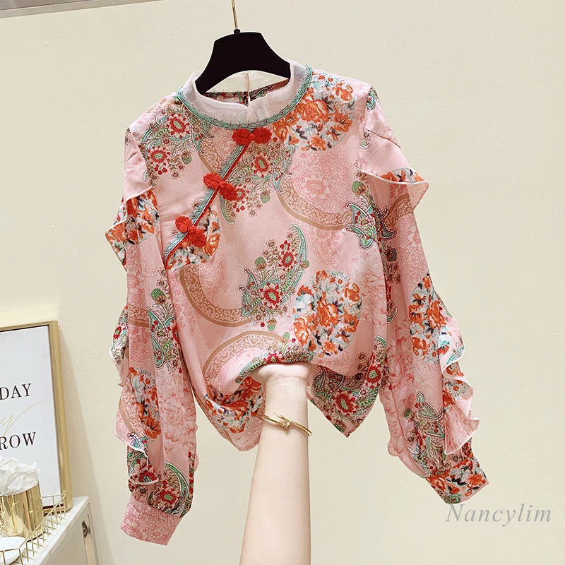 

2021 Spring Autumn New Vintage Plate Buttons Ruffled Chiffon Shirt Women's Floral Shirt Long Sleeve Blusa Mujer