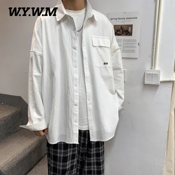 

WYWM Men 100% Cotton Spring Shirts Summer Oversized Full Sleeve Letter Embroidery Button Streetwear Soft Casual Pocket Clothes