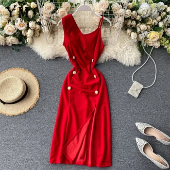

YuooMuoo Red One Shoulder Notched Collar Split Bodycon Dress 2020 New Arrival Elegant Double-breasted Women Party Summer Dress