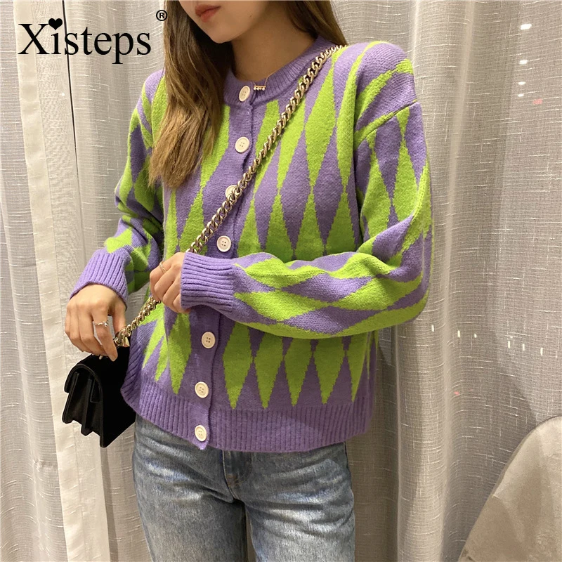 

Xisteps Knitted Diamond Lattice Women Cardigan O Neck Casual Ladies Sweater Fashion Autumn Female Outwear Cardigan Autumn 2020