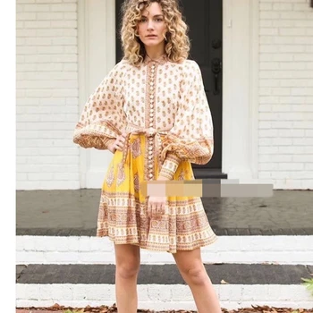 

Woman Linen Dress Vintage 2020 New Print Short Dresses Runway