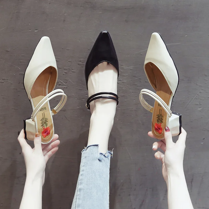 

Women's Pointed-Toe Closed-toe ban tuo xie Women's Summer Outer Wear 2019 New Style Fashion Chunky-Heel Semi-high Heeled Slipper