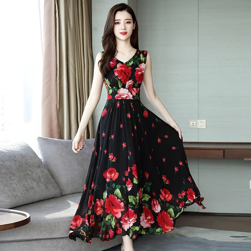 

2019 summer hot black waist floral sleeveless A Line Dress woman elegant fashion print Long Dress Evening Party Formal Dress